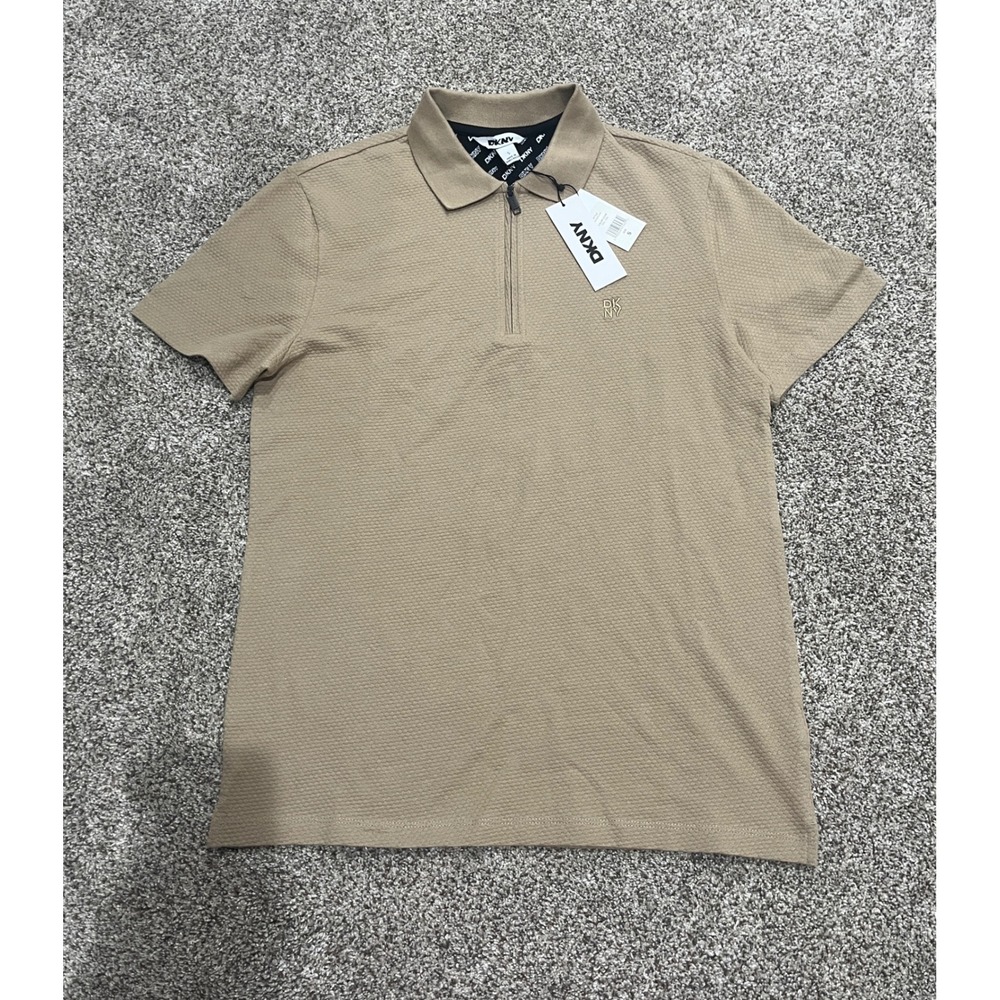 DKNY Mens Small Tan Quarter Zip Polo Shirt Textured Stretch DK44PL522